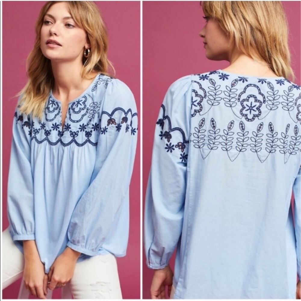 One September Blue Embroidered Boho Peasant Blouse